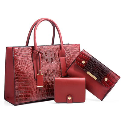 Sabina | Elegantes Handtaschenset mit Krokodilhautmuster, Handtasche und Clutch