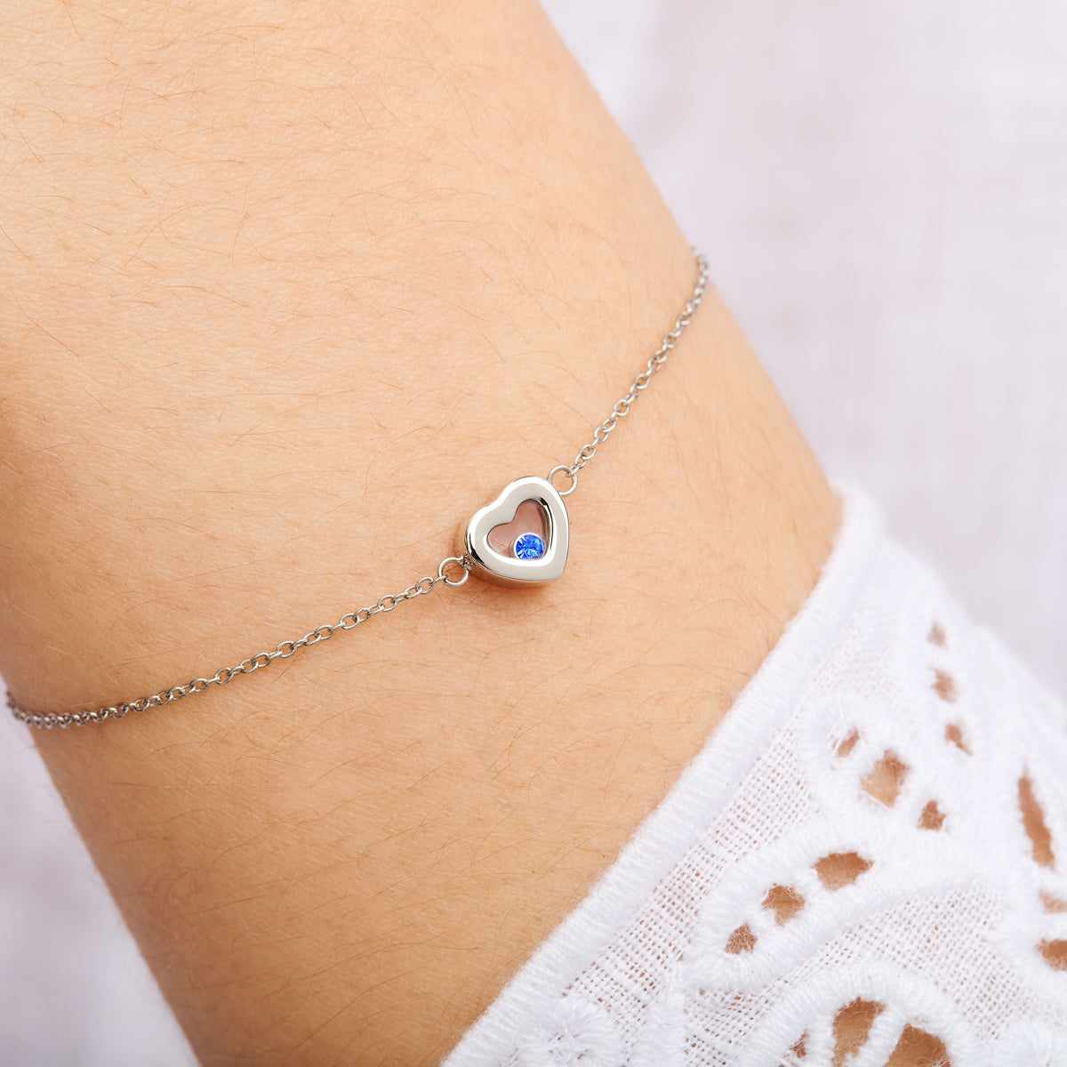 Floating Birthstone Heart Bracelet (Silver)