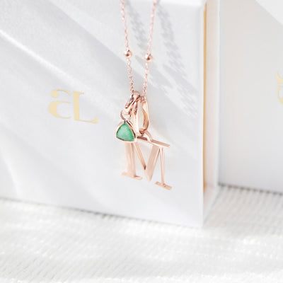 Personalised Initial & Droplet Birthstone Necklace (Rose Gold)