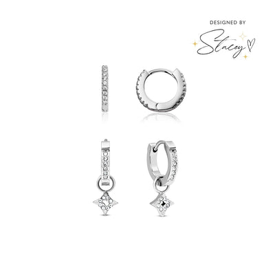 Moon and Back Star Huggie Earring Set (Silver)
