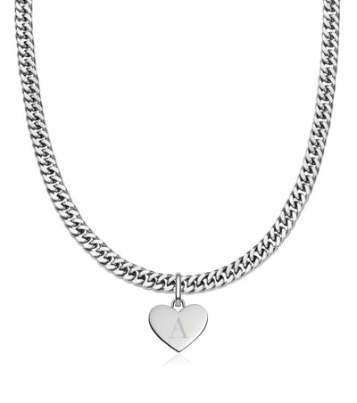 Heart Curb Chain Necklace (Silver)