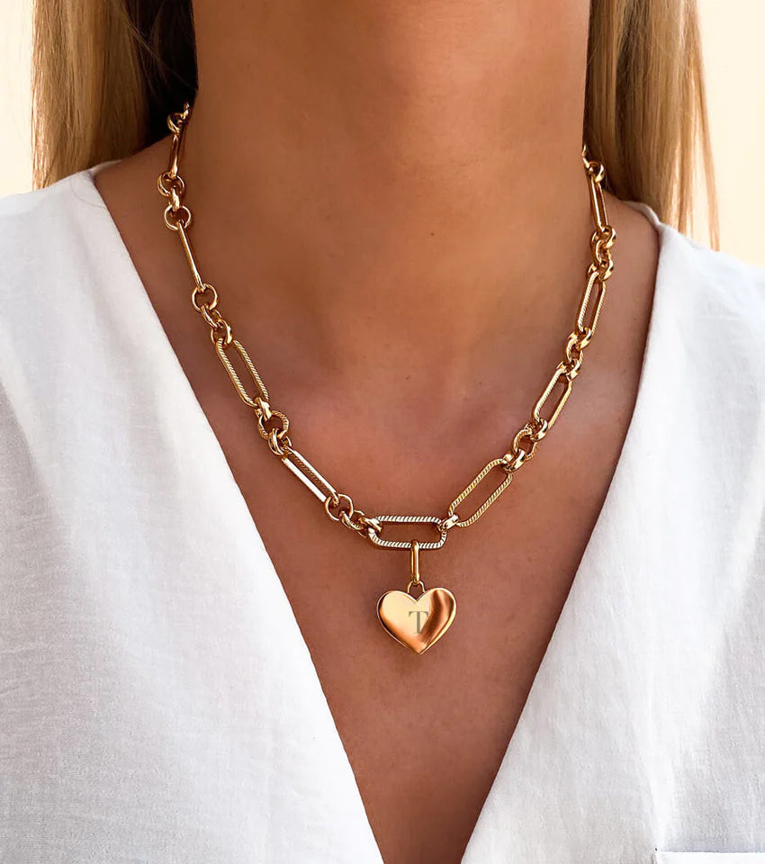 Heart Figaro Chain Necklace & Bracelet Set (Gold)