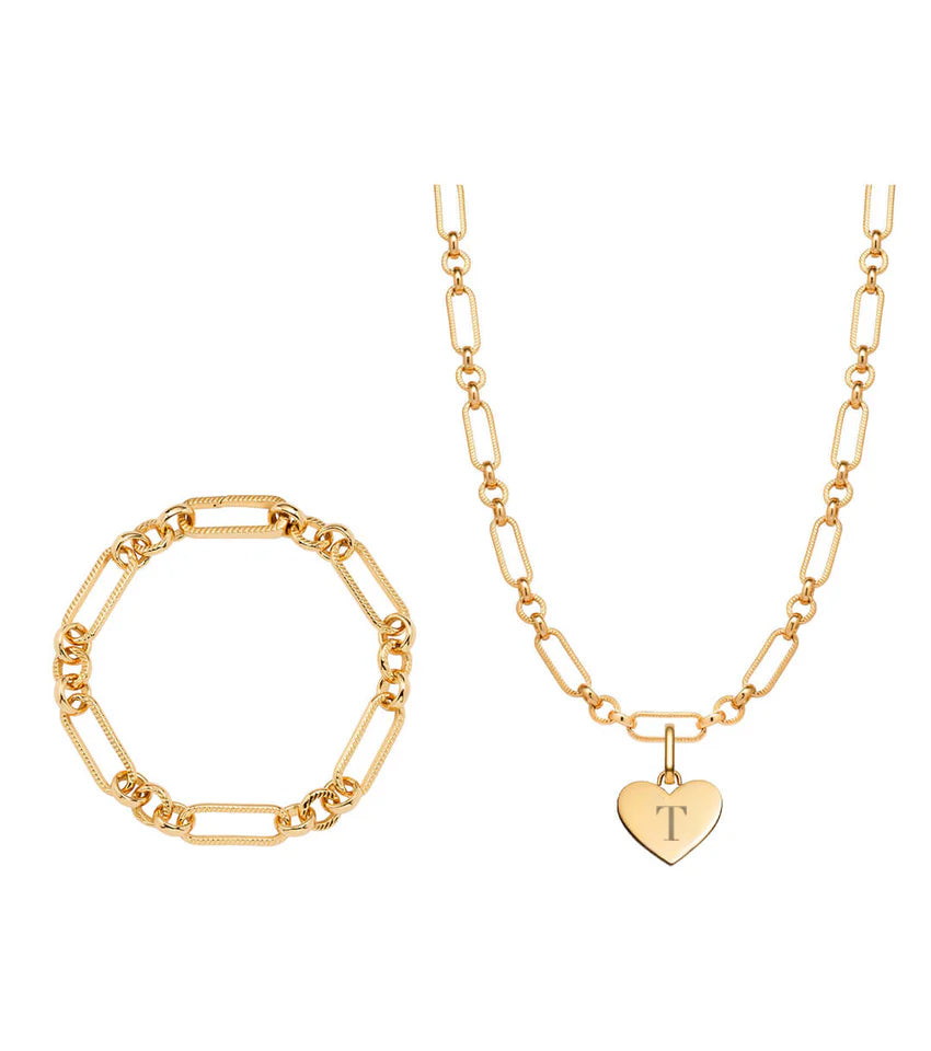 Heart Figaro Chain Necklace & Bracelet Set (Gold)