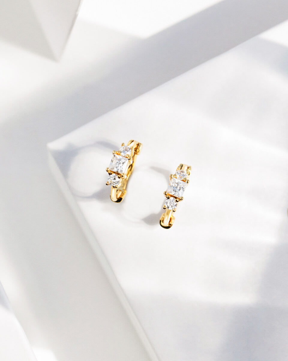 Sterling Silver Triple Crystal Huggie Hoop Earrings (Gold)