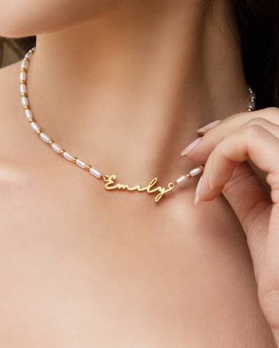 Pearl Chain Signature Name Necklace (Gold)