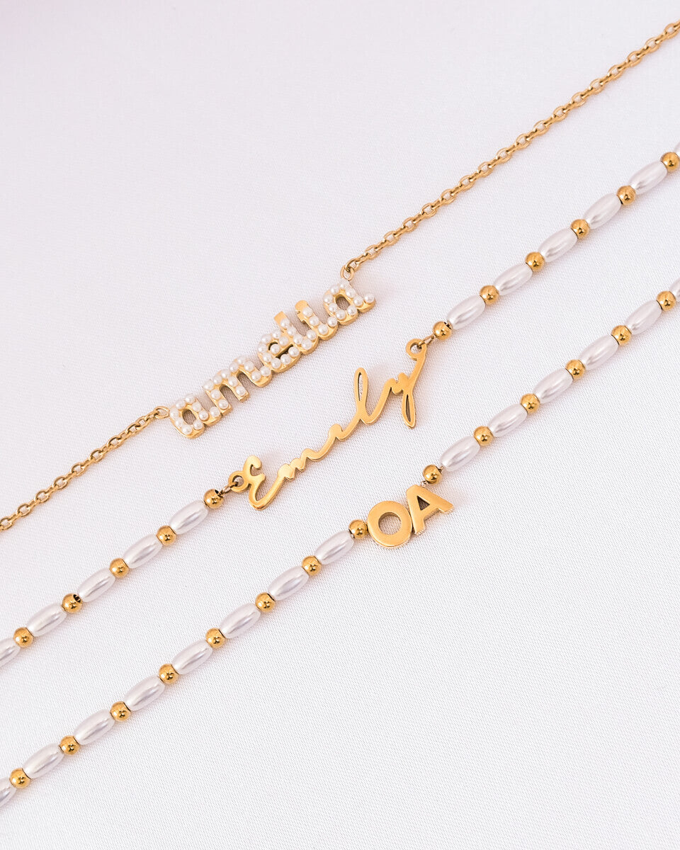 Pearl Chain Signature Name Necklace (Gold)