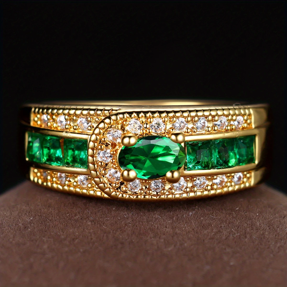Vintage Goldring mit Zirkonia und grünen Steinen